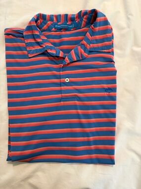 Southern Tide Men's Striped Polo in Blue & Coral